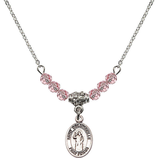 Sterling Silver Saint Columbkille Birthstone Necklace with Light Rose Beads - 9399