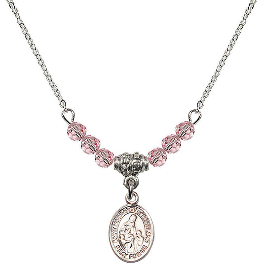 Sterling Silver Saint Margaret of Scotland Birthstone Necklace with Light Rose Beads - 9407