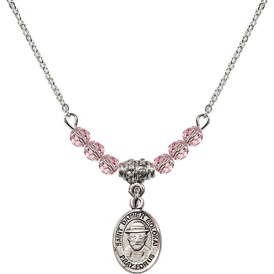 Sterling Silver Saint Damien of Molokai Birthstone Necklace with Light Rose Beads - 9412