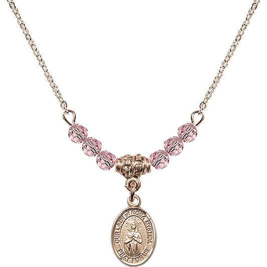 14kt Gold Filled Our Lady of Rosa Mystica Birthstone Necklace with Light Rose Beads - 9413