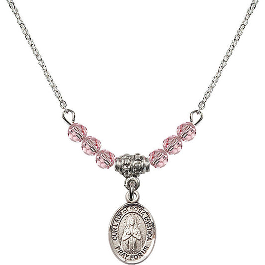 Sterling Silver Our Lady of Rosa Mystica Birthstone Necklace with Light Rose Beads - 9413