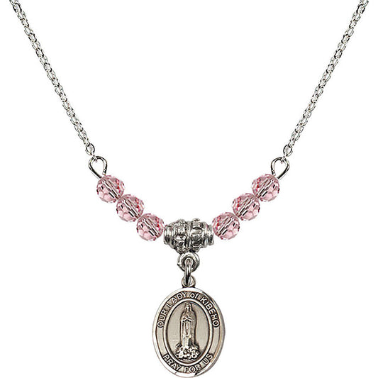 Sterling Silver Our Lady of Kibeho Birthstone Necklace with Light Rose Beads - 9414