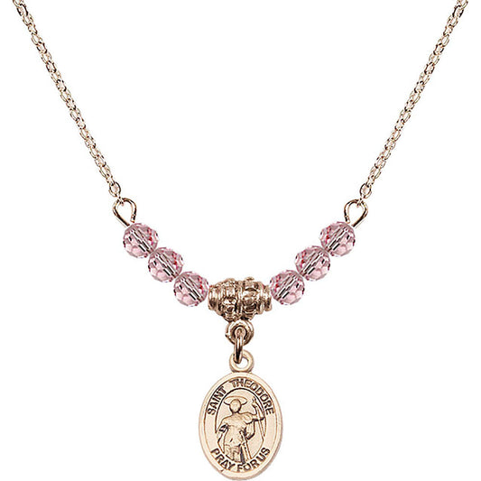 14kt Gold Filled Saint Theodore Stratelates Birthstone Necklace with Light Rose Beads - 9415