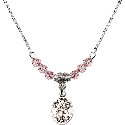 Sterling Silver Saint Theodore Stratelates Birthstone Necklace with Light Rose Beads - 9415