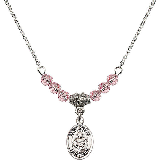 Sterling Silver Saint Dismas Birthstone Necklace with Light Rose Beads - 9418