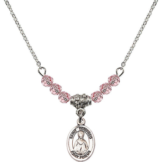 Sterling Silver Saint Winifred of Wales Birthstone Necklace with Light Rose Beads - 9419