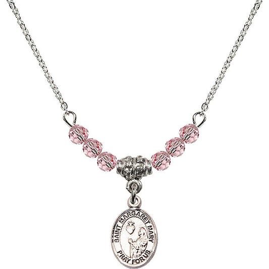 Sterling Silver Saint Margaret Mary Alacoque Birthstone Necklace with Light Rose Beads - 9420
