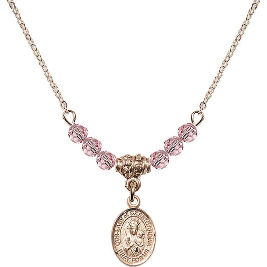 14kt Gold Filled Our Lady of Czestochowa Birthstone Necklace with Light Rose Beads - 9421