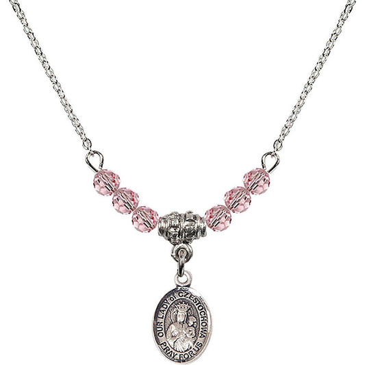Sterling Silver Our Lady of Czestochowa Birthstone Necklace with Light Rose Beads - 9421