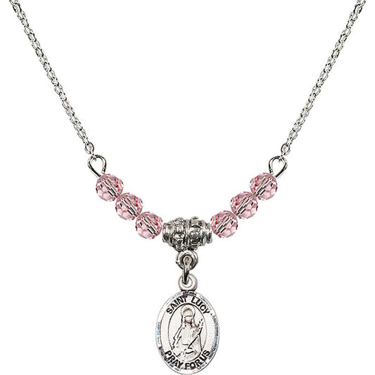 Sterling Silver Saint Lucy Birthstone Necklace with Light Rose Beads - 9422