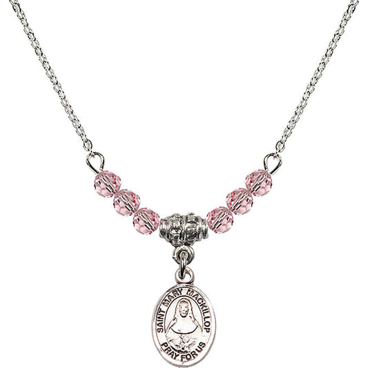 Sterling Silver Saint Mary Mackillop Birthstone Necklace with Light Rose Beads - 9425