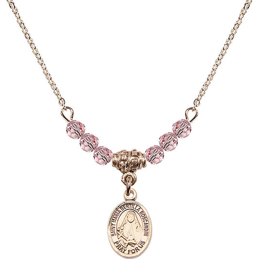 14kt Gold Filled Saint Maria Bertilla Boscardin Birthstone Necklace with Light Rose Beads - 9428