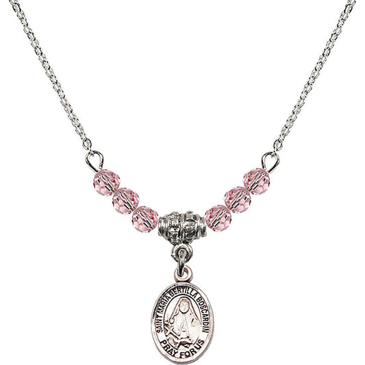 Sterling Silver Saint Maria Bertilla Boscardin Birthstone Necklace with Light Rose Beads - 9428