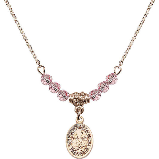 14kt Gold Filled Saint Mary Magdalene of Canossa Birthstone Necklace with Light Rose Beads - 9429