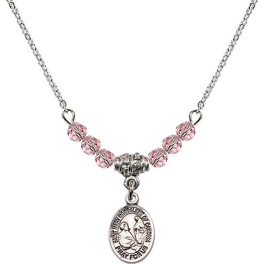 Sterling Silver Saint Mary Magdalene of Canossa Birthstone Necklace with Light Rose Beads - 9429