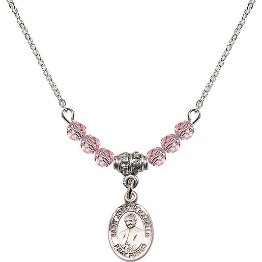 Sterling Silver Saint Joseph Marello Birthstone Necklace with Light Rose Beads - 9430
