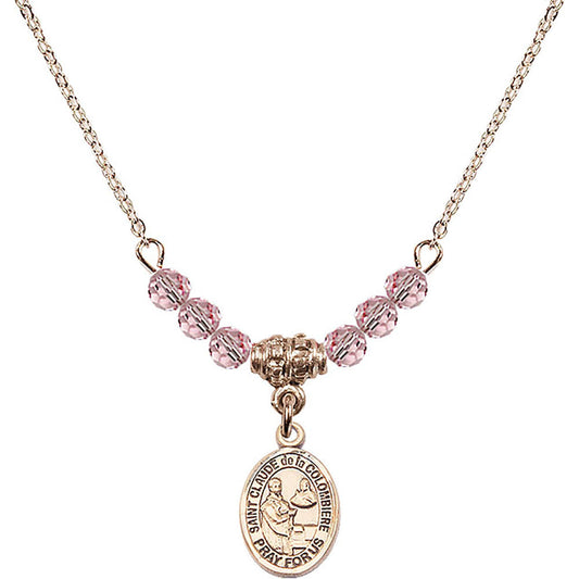 14kt Gold Filled Saint Claude de la Colombiere Birthstone Necklace with Light Rose Beads - 9432