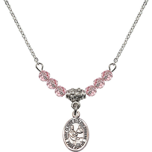Sterling Silver Saint Claude de la Colombiere Birthstone Necklace with Light Rose Beads - 9432