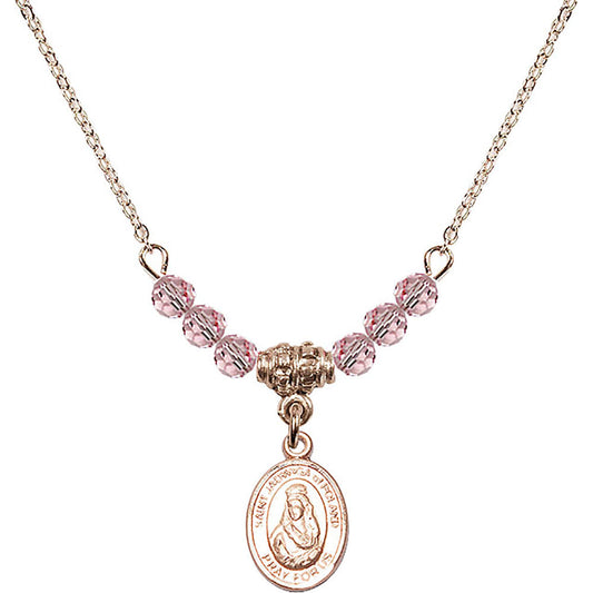 14kt Gold Filled Saint Jadwiga of Poland Birthstone Necklace with Light Rose Beads - 9434