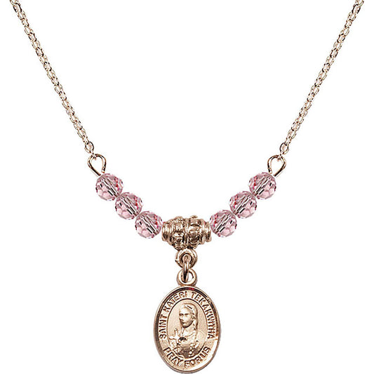 14kt Gold Filled Saint Kateri Tekakwitha Birthstone Necklace with Light Rose Beads - 9438