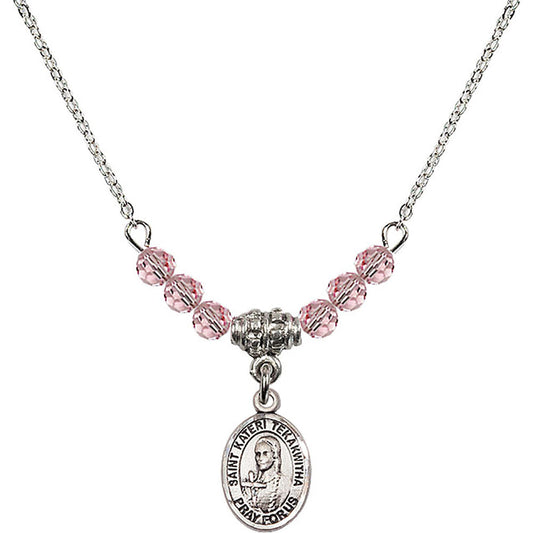 Sterling Silver Saint Kateri Tekakwitha Birthstone Necklace with Light Rose Beads - 9438