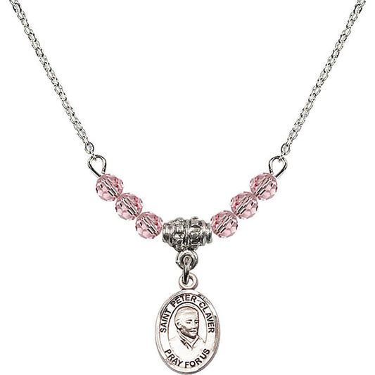 Sterling Silver Saint Peter Claver Birthstone Necklace with Light Rose Beads - 9442