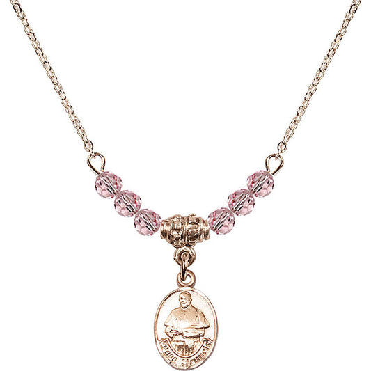14kt Gold Filled Pope Francis Birthstone Necklace with Light Rose Beads - 9451