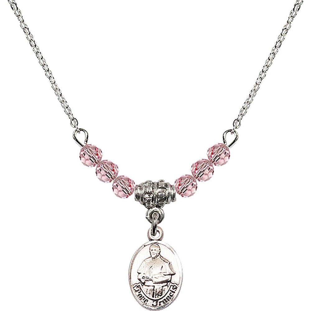 Sterling Silver Pope Francis Birthstone Necklace with Light Rose Beads - 9451