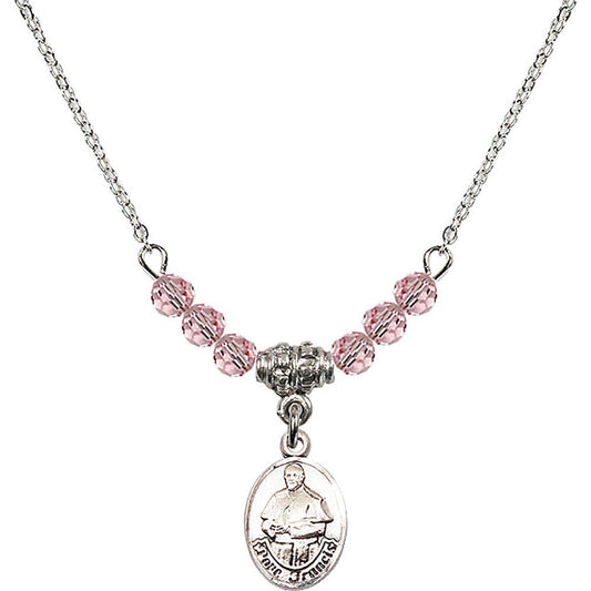 Sterling Silver Pope Francis Birthstone Necklace with Light Rose Beads - 9451