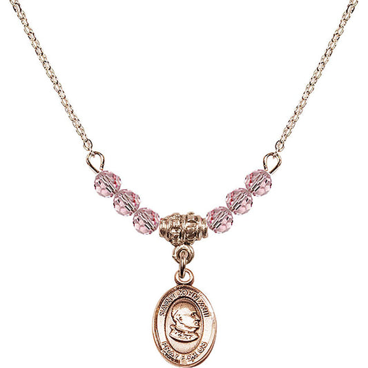 14kt Gold Filled Saint John XXIII Birthstone Necklace with Light Rose Beads - 9455