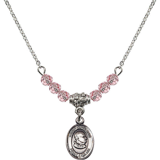 Sterling Silver Saint John XXIII Birthstone Necklace with Light Rose Beads - 9455