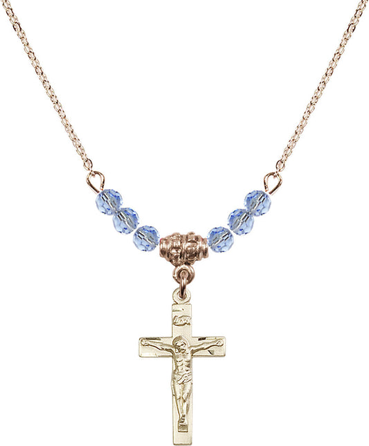 14kt Gold Filled Crucifix Birthstone Necklace with Light Sapphire Beads - 0001