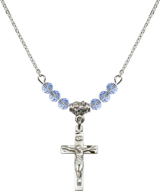 Sterling Silver Crucifix Birthstone Necklace with Light Sapphire Beads - 0001