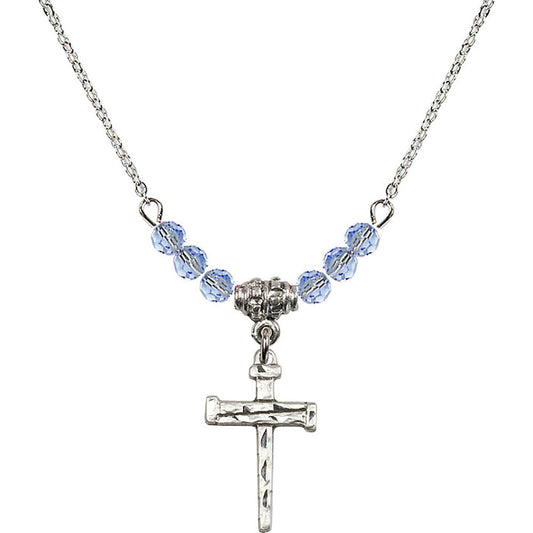 Sterling Silver Nail Cross Birthstone Necklace with Light Sapphire Beads - 0012