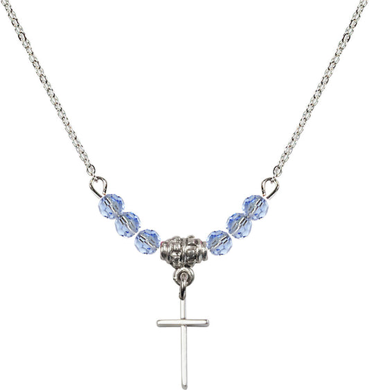 Sterling Silver Cross Birthstone Necklace with Light Sapphire Beads - 0014
