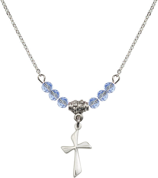Sterling Silver Cross Birthstone Necklace with Light Sapphire Beads - 0016