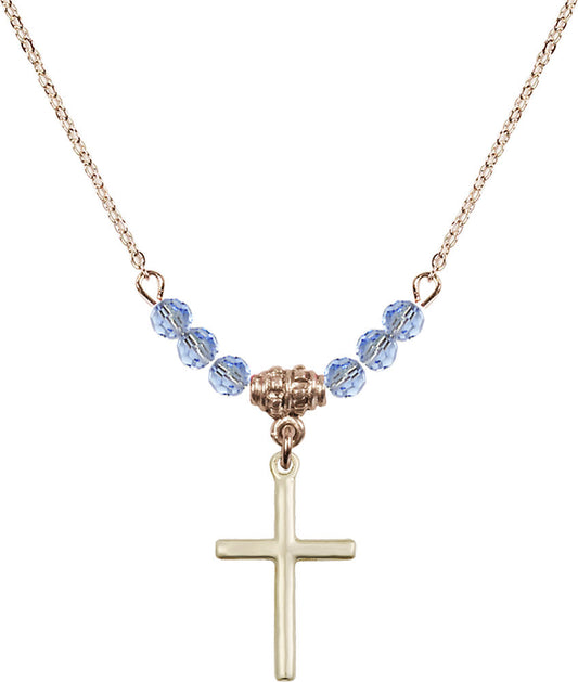 14kt Gold Filled Cross Birthstone Necklace with Light Sapphire Beads - 0017