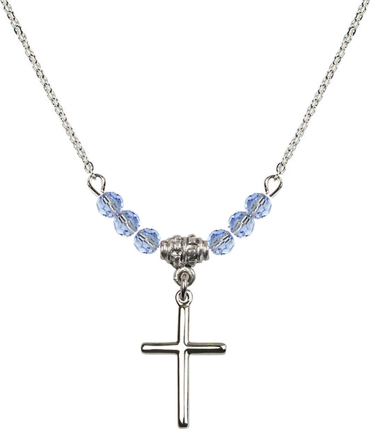 Sterling Silver Cross Birthstone Necklace with Light Sapphire Beads - 0017