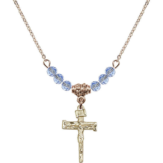 14kt Gold Filled Nail Crucifix Birthstone Necklace with Light Sapphire Beads - 0072
