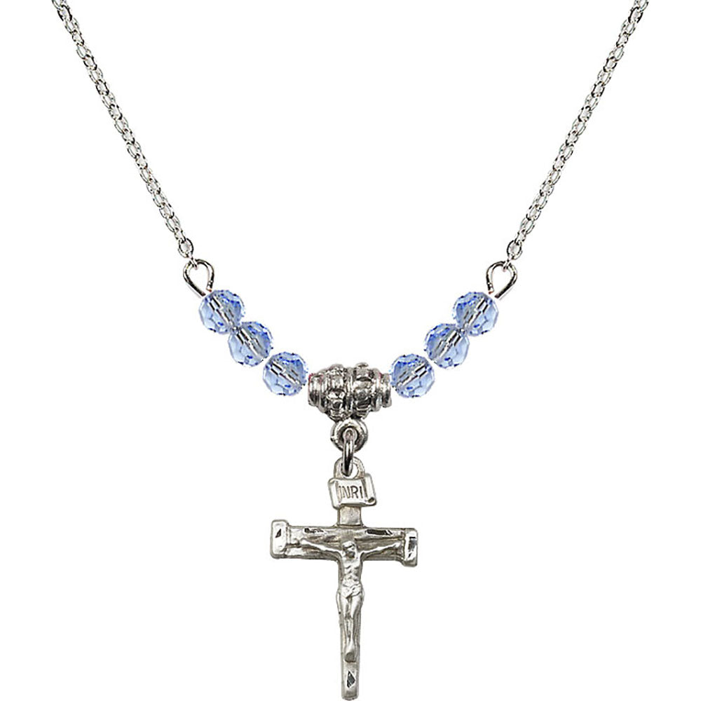 Sterling Silver Nail Crucifix Birthstone Necklace with Light Sapphire Beads - 0072