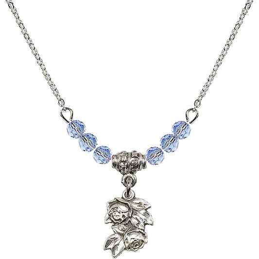 Sterling Silver Rose Birthstone Necklace with Light Sapphire Beads - 0204