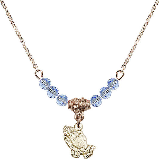 14kt Gold Filled Praying Hands Birthstone Necklace with Light Sapphire Beads - 0220