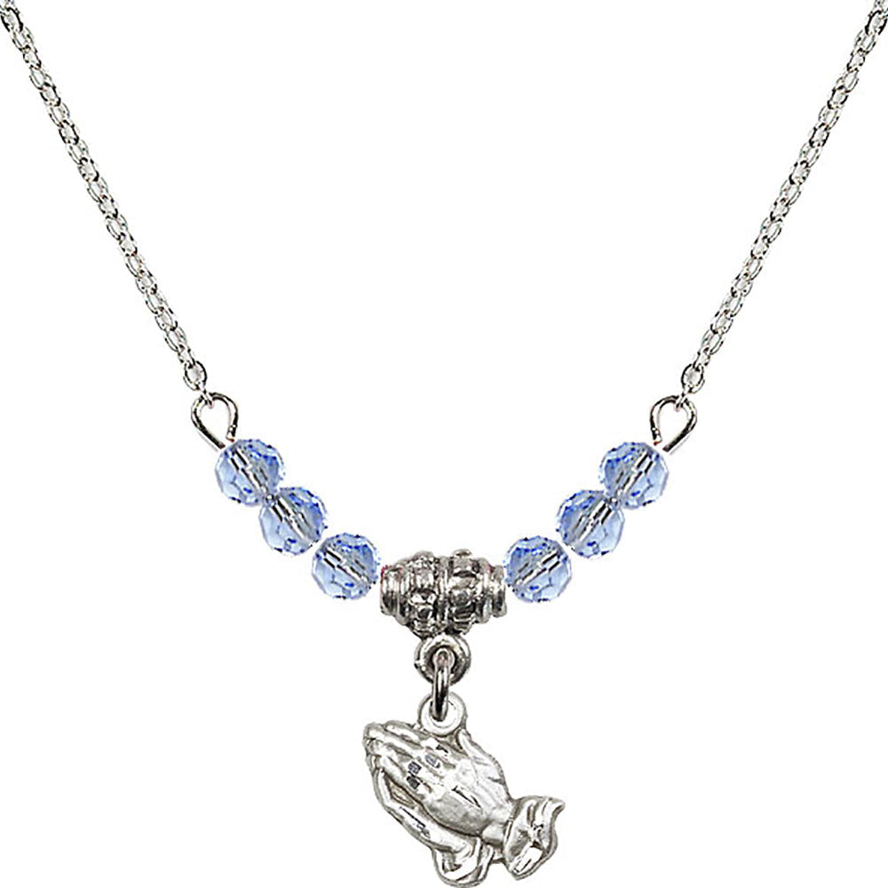 Sterling Silver Praying Hands Birthstone Necklace with Light Sapphire Beads - 0220