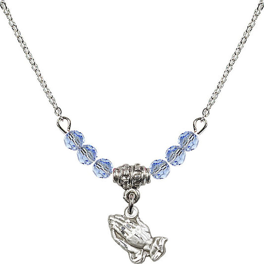 Sterling Silver Praying Hands Birthstone Necklace with Light Sapphire Beads - 0220