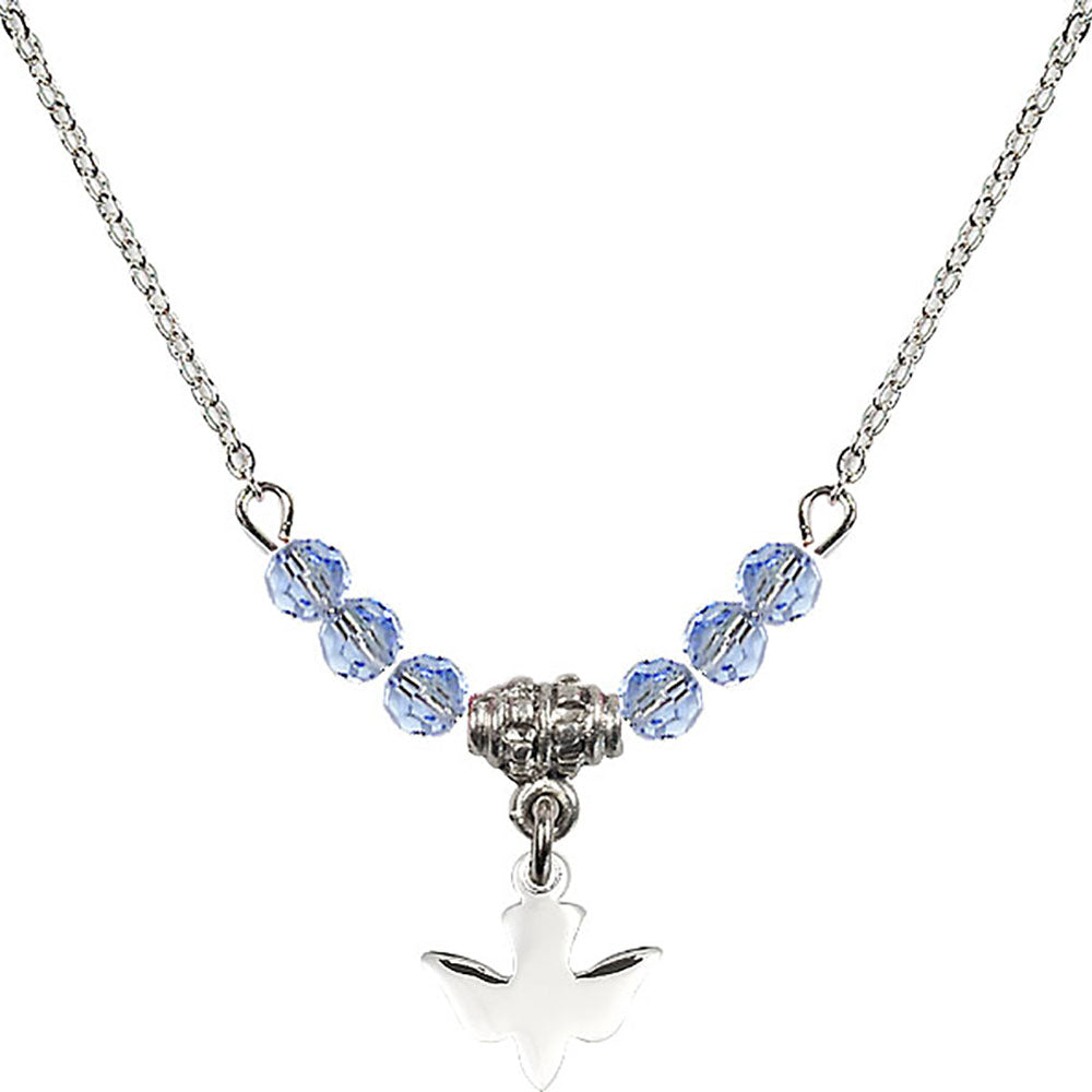 Sterling Silver Holy Spirit Birthstone Necklace with Light Sapphire Beads - 0225