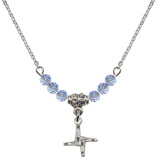 Sterling Silver Saint Brigid Cross Birthstone Necklace with Light Sapphire Beads - 0291