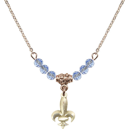 14kt Gold Filled Fleur de Lis Birthstone Necklace with Light Sapphire Beads - 0293
