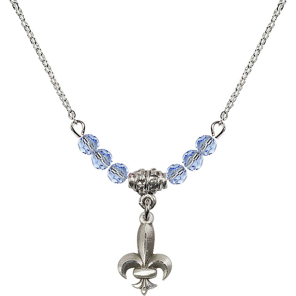 Sterling Silver Fleur de Lis Birthstone Necklace with Light Sapphire Beads - 0293