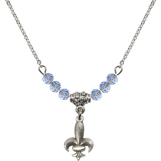 Sterling Silver Fleur de Lis Birthstone Necklace with Light Sapphire Beads - 0293