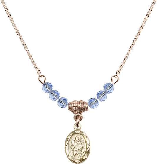 14kt Gold Filled Saint Christopher Birthstone Necklace with Light Sapphire Beads - 0301